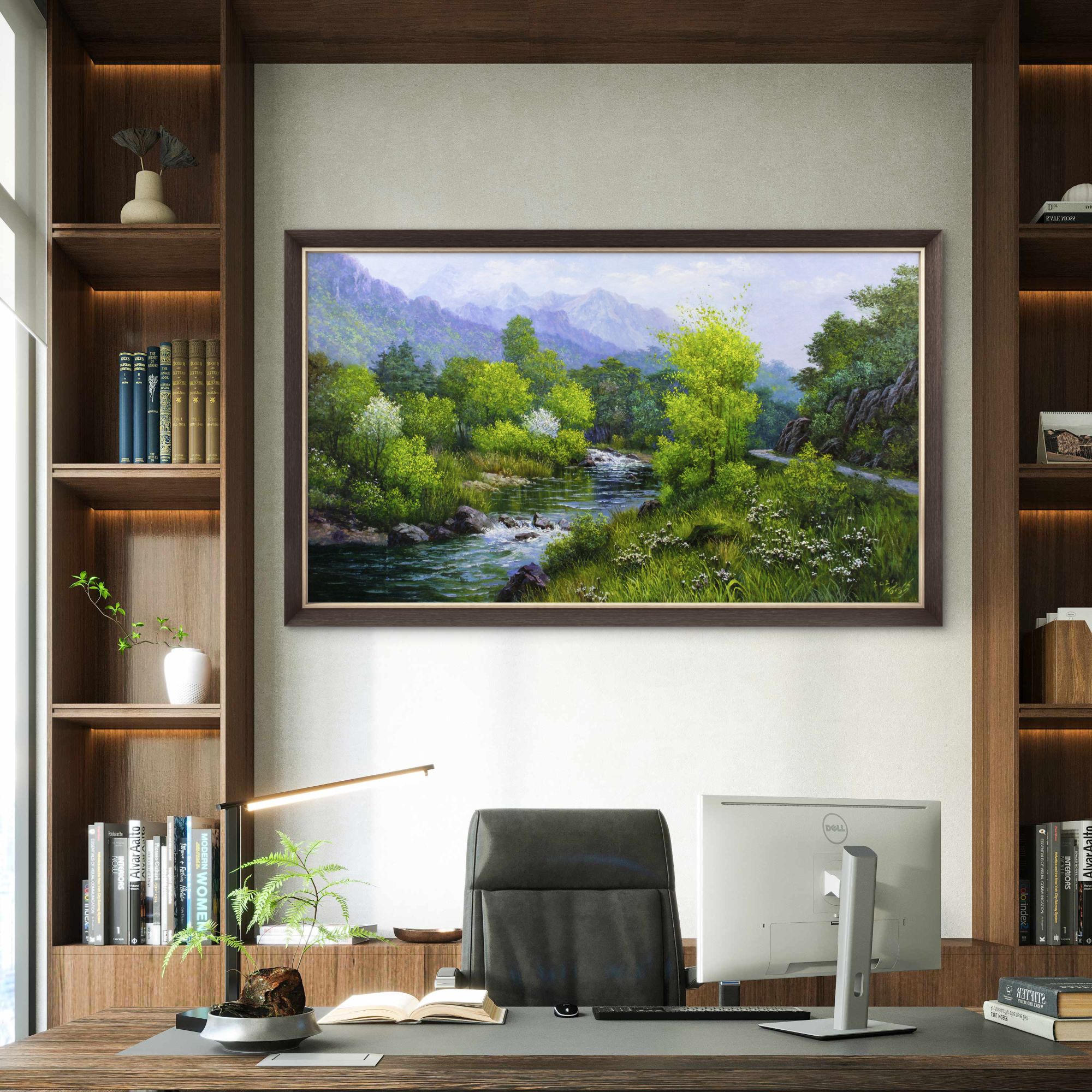 《林溪春晓》朝鲜画家成永洙纯手绘油画办公室沙发背景墙