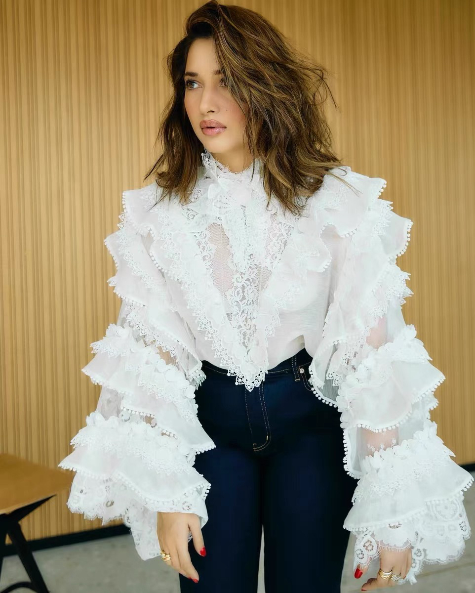 新款丝麻拼接水溶花大袖子衬衫