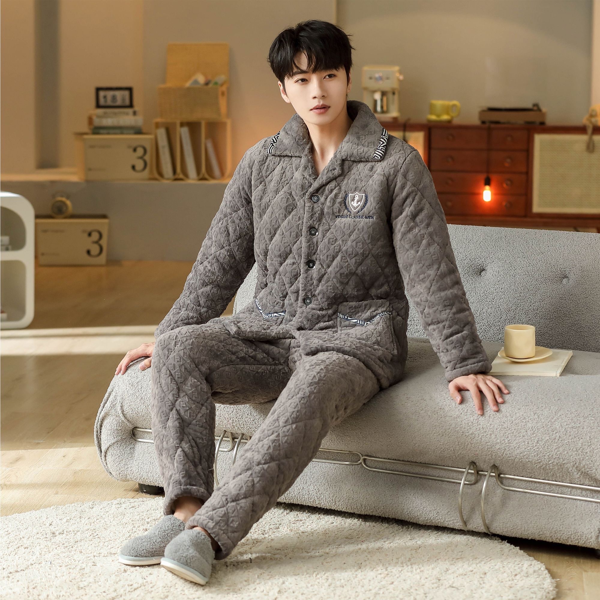 男士夹棉睡衣青少年冬季保暖三层加厚家居服