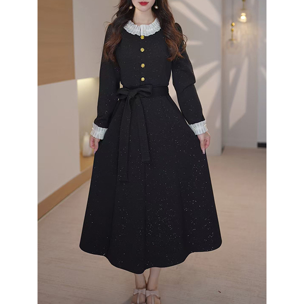 L7142中长款大码法式连衣裙气质连衣裙收腰遮字气质显瘦连衣裙女