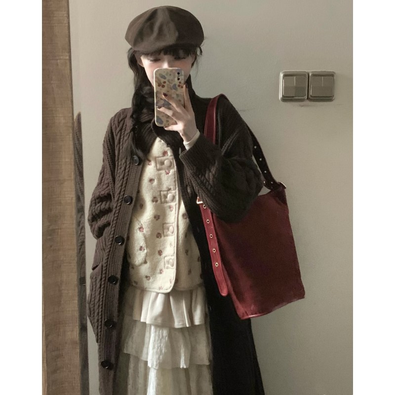 重工复古费尔岛毛衣外套宽松日系提花开衫秋冬女