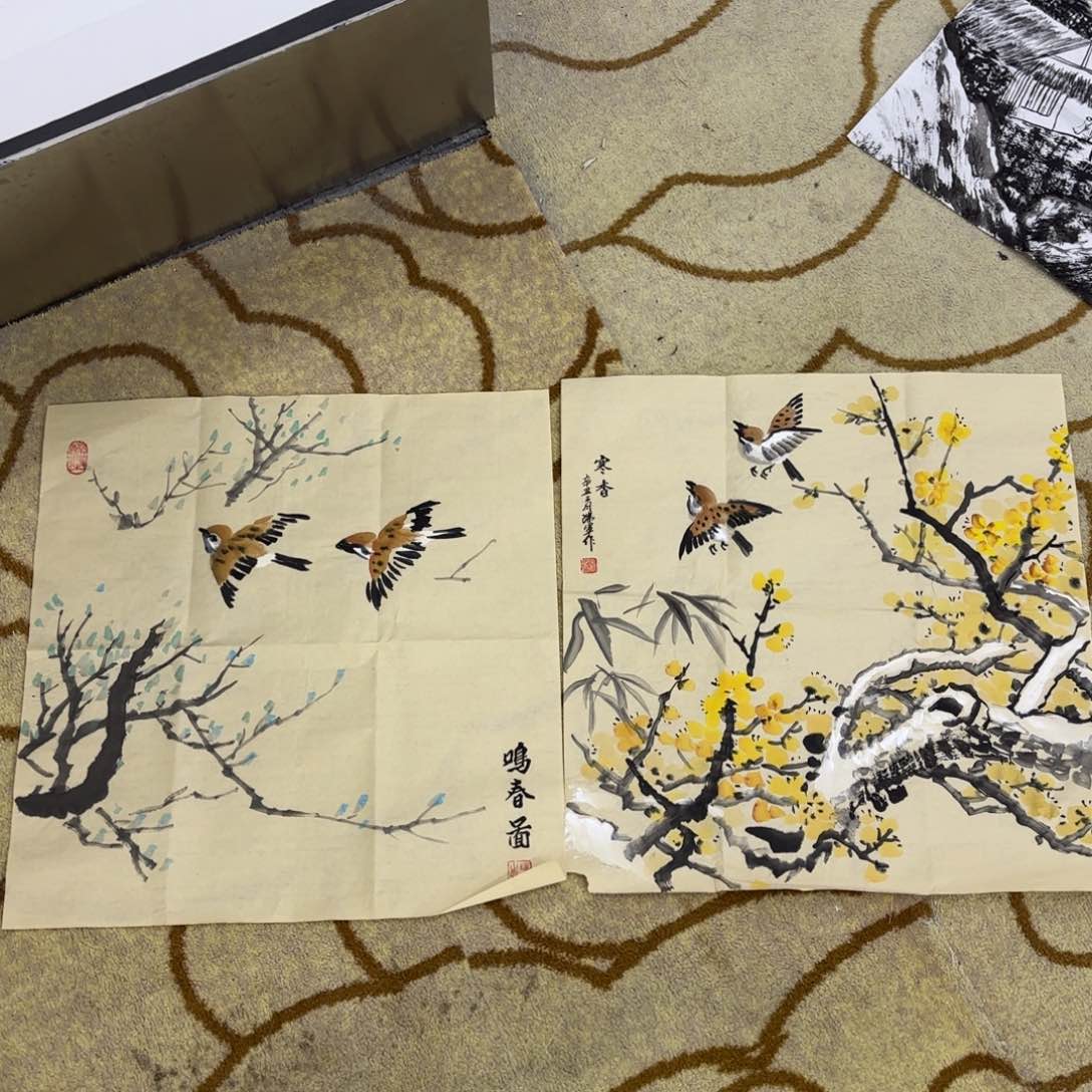 国画斗方画芯手绘瑞军两张