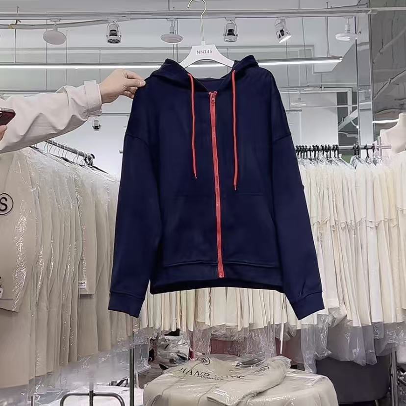 NN145【意法•KW】连帽春季上衣开衫款女装卫衣口袋拼接纯色