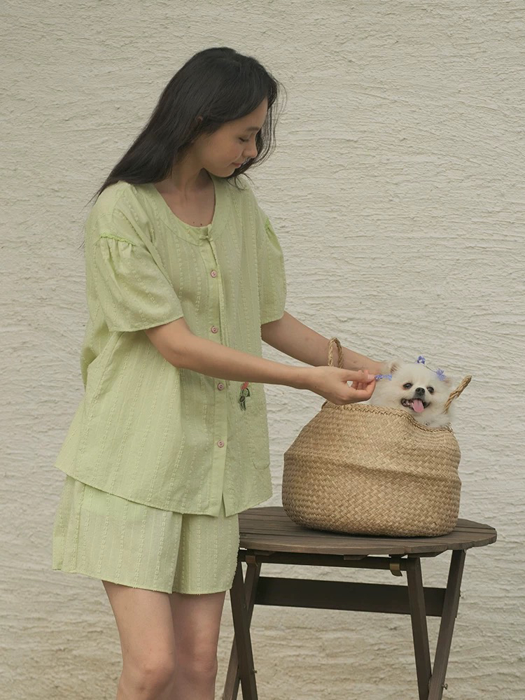 251-169朵朵可可家居服睡衣女新款纯棉夏季短袖短裤绣花简约套装