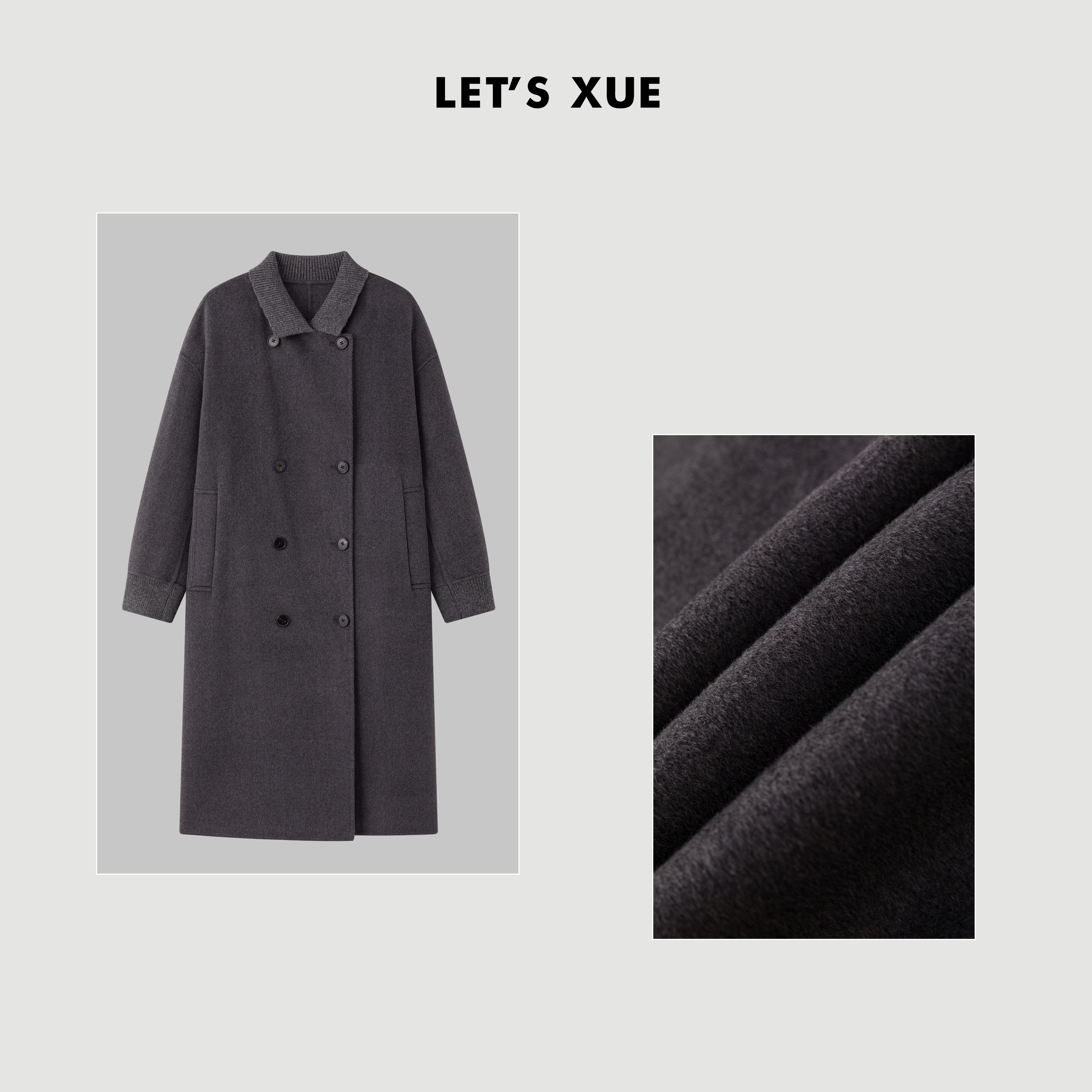 XUE【根河】山羊绒羊毛直筒双排扣外套