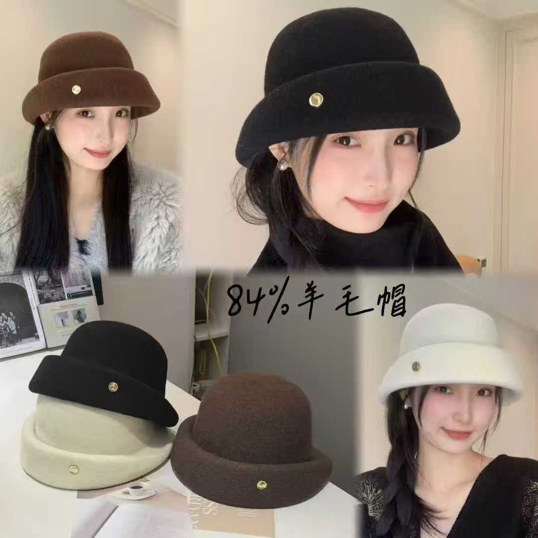 晚风有约~新款老钱风气质羊毛呢渔夫帽女秋冬复古定型显脸小礼帽 