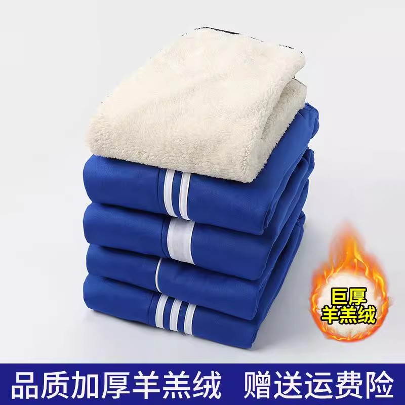 羊羔绒卫裤校服裤子宝蓝色初高中小学生一道杠二条杠跑步运动长裤