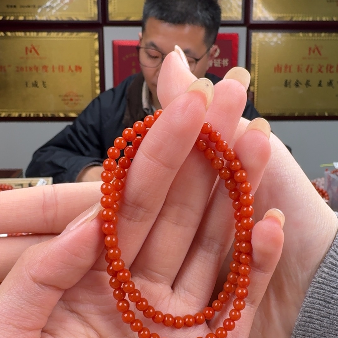 双****南红玛瑙未镶嵌手链4mm柿子双圈