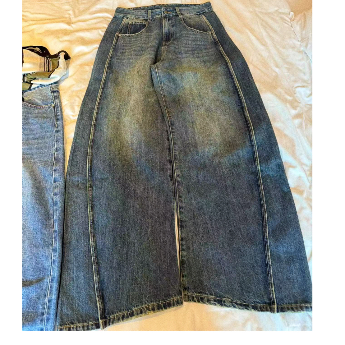 现货江南正品复古水洗大码阔腿牛仔裤女宽松显瘦百搭拖地直筒裤