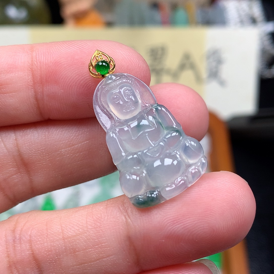 翡翠裸石18K金镶嵌缅甸天然A货翡翠冰种观音