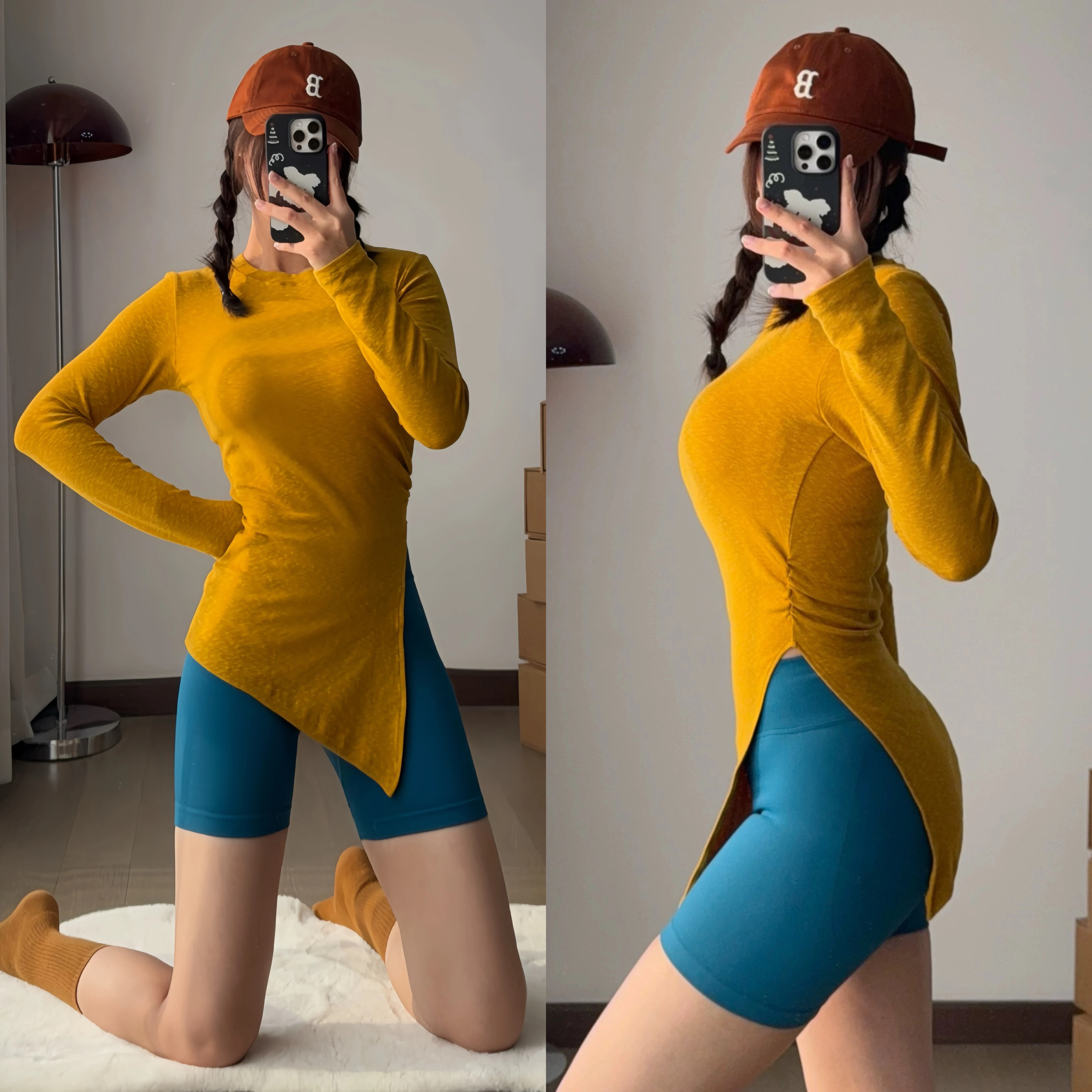 开衩宽松休闲遮胯罩衫运动长袖T恤女修身显瘦瑜伽上衣普拉提训练