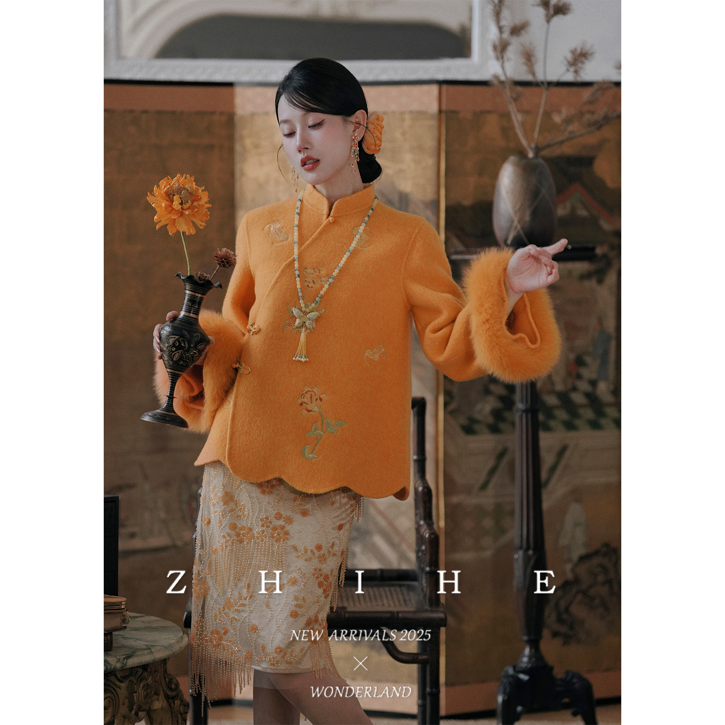 无艳一禾【心想事橙】绵羊毛骆驼绒重工绣花双面呢大衣+绣珠纱半裙