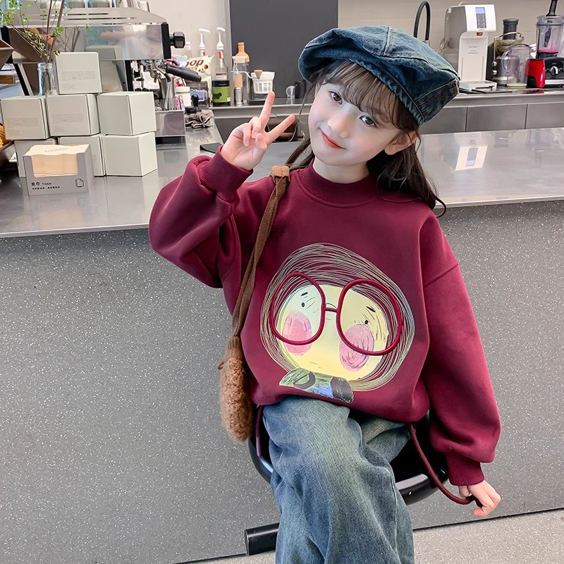 女童加绒卫衣秋冬款2025新款中大童时尚韩版一体绒圆领卡通上衣潮