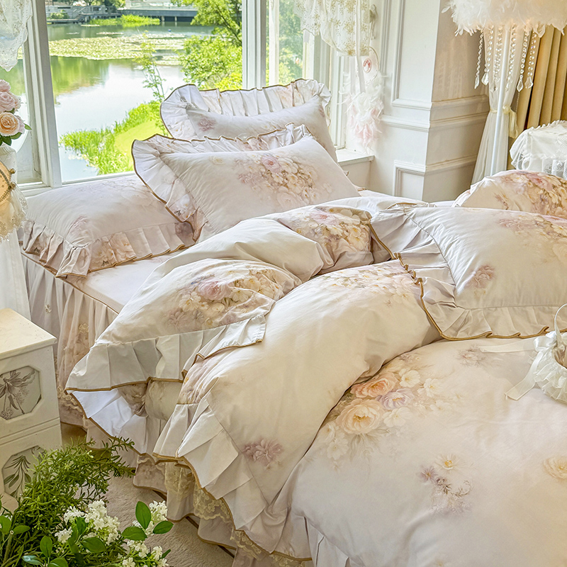 全棉法式公主风韩版床裙四件套数码印花双层蕾丝花边纯棉透气被罩