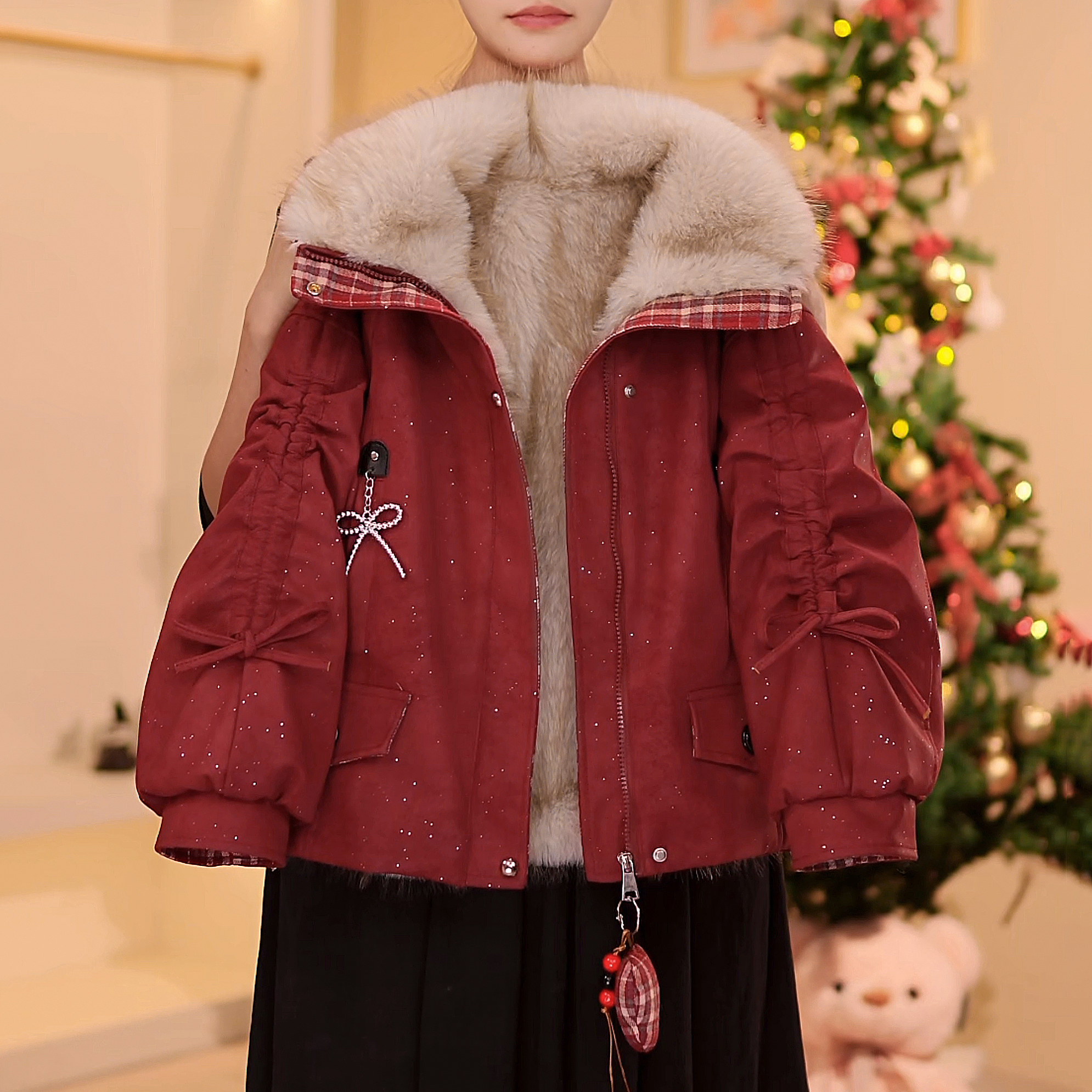 2025冬季女童外套翻领大毛领加绒加厚收腰显瘦毛毛外套5530007130