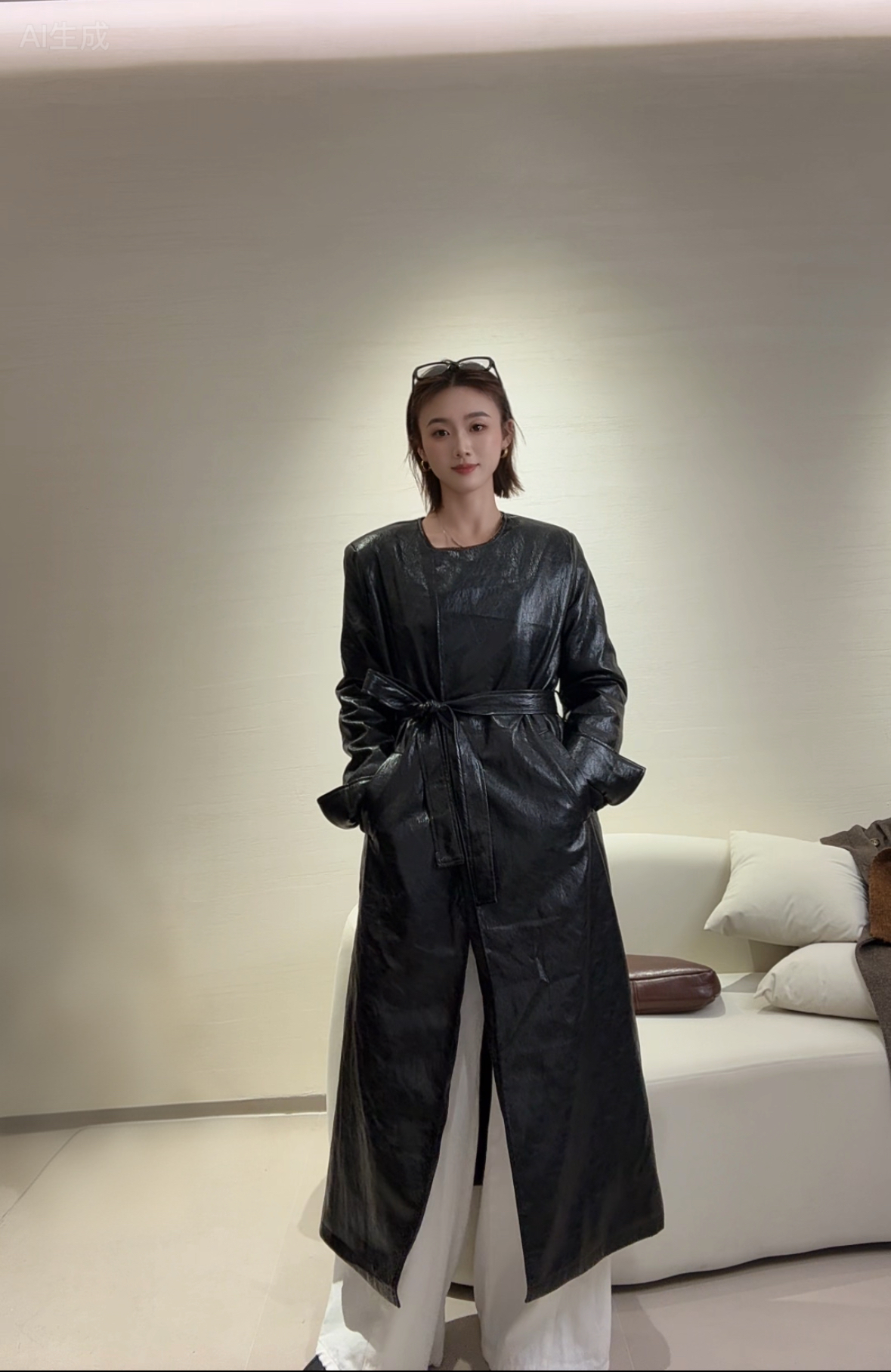 中长款长袖风衣大衣收腰暗黑风正肩袖复古港风网红（2568#）款皮衣