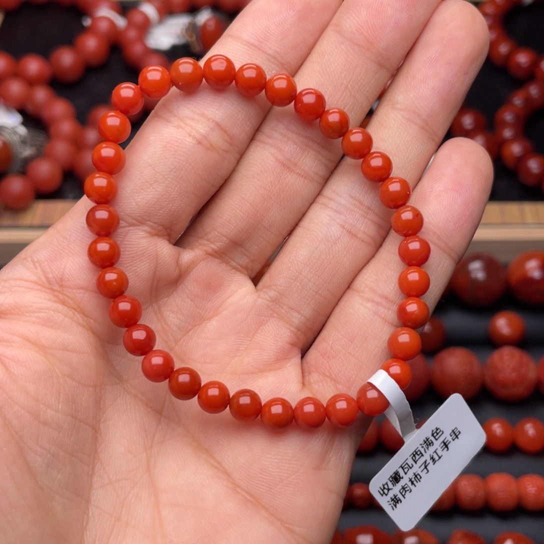南红玛瑙未镶嵌手串H5.8mm收藏满色满肉柿子红手串