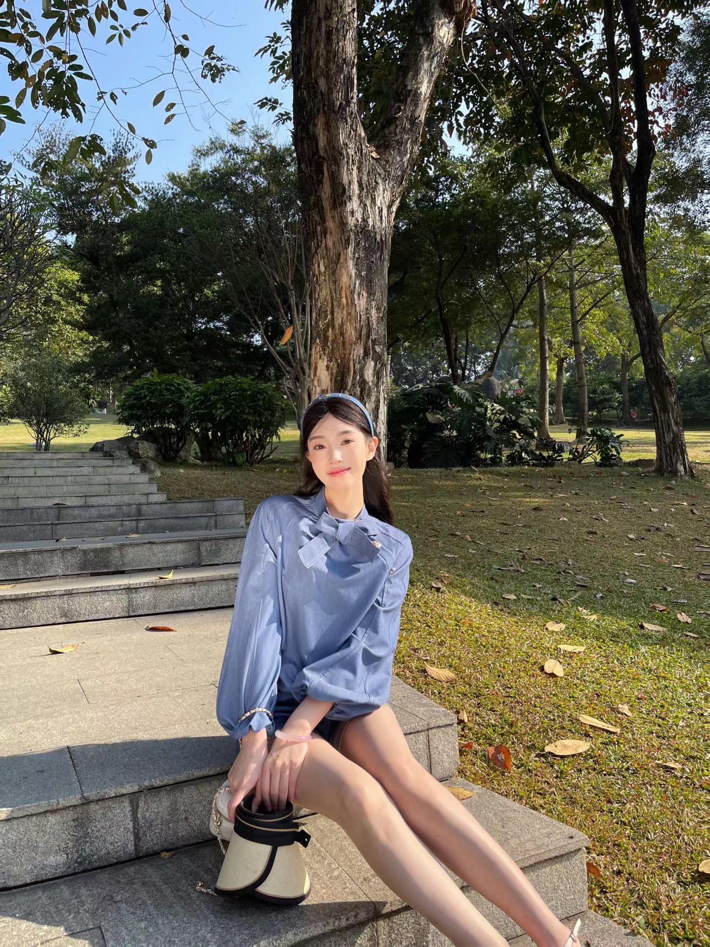 【石潇潇STDUIO】富家千金高级感设计感灯笼袖衬衫短裤套装千金风