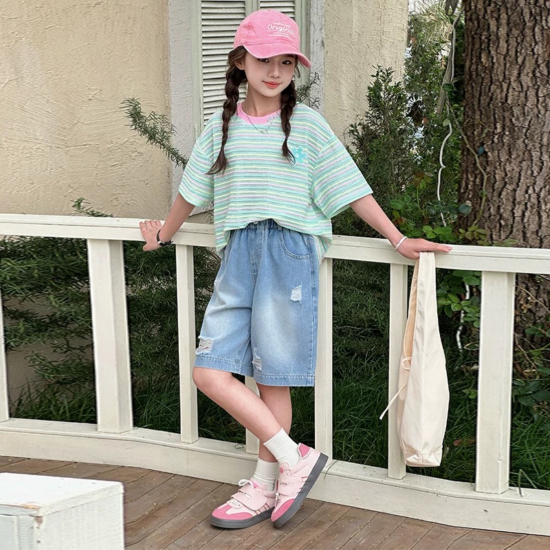 【清货】2025夏洋气花朵条纹薄荷绿短袖T恤(100%棉) D536 536 M