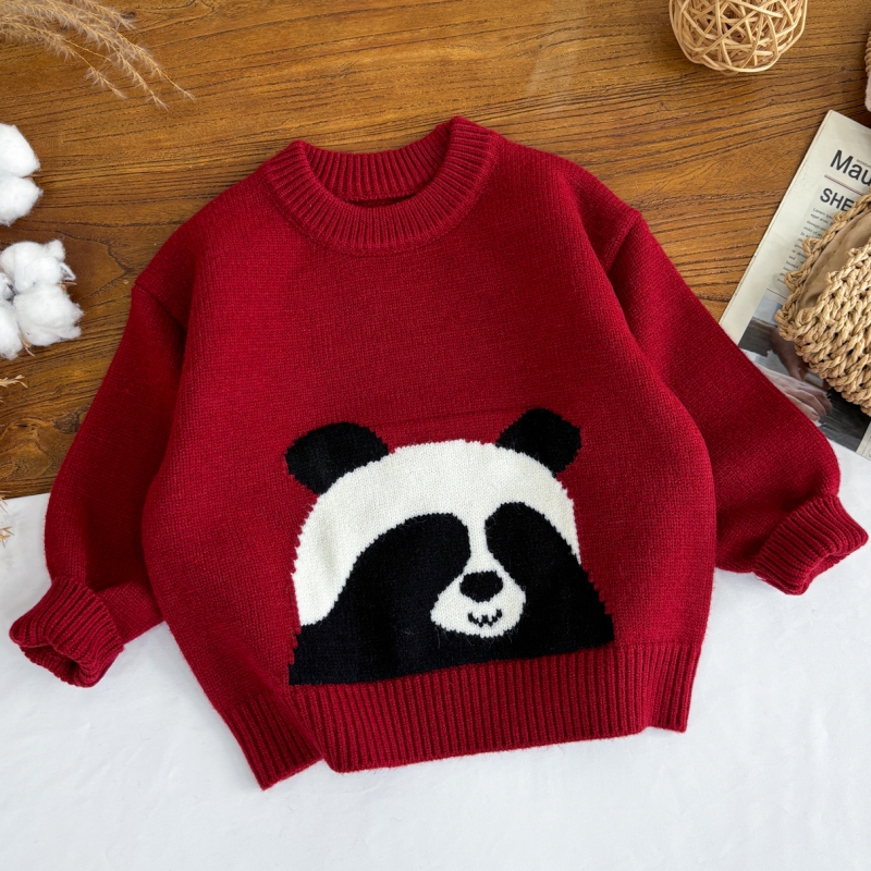 【闭眼熊】红色新年秋冬儿童韩版宽松加厚休闲童装针织圆领毛衣套头