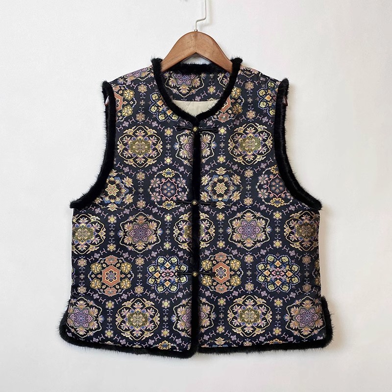 黑金宝相花新中式国风复古气质显贵马甲秋冬加绒加厚女装