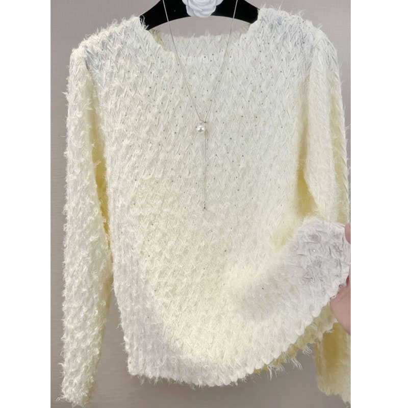 三宅褶皱米杏色小众设计感艺术带钻满天星高端手工拉毛上衣