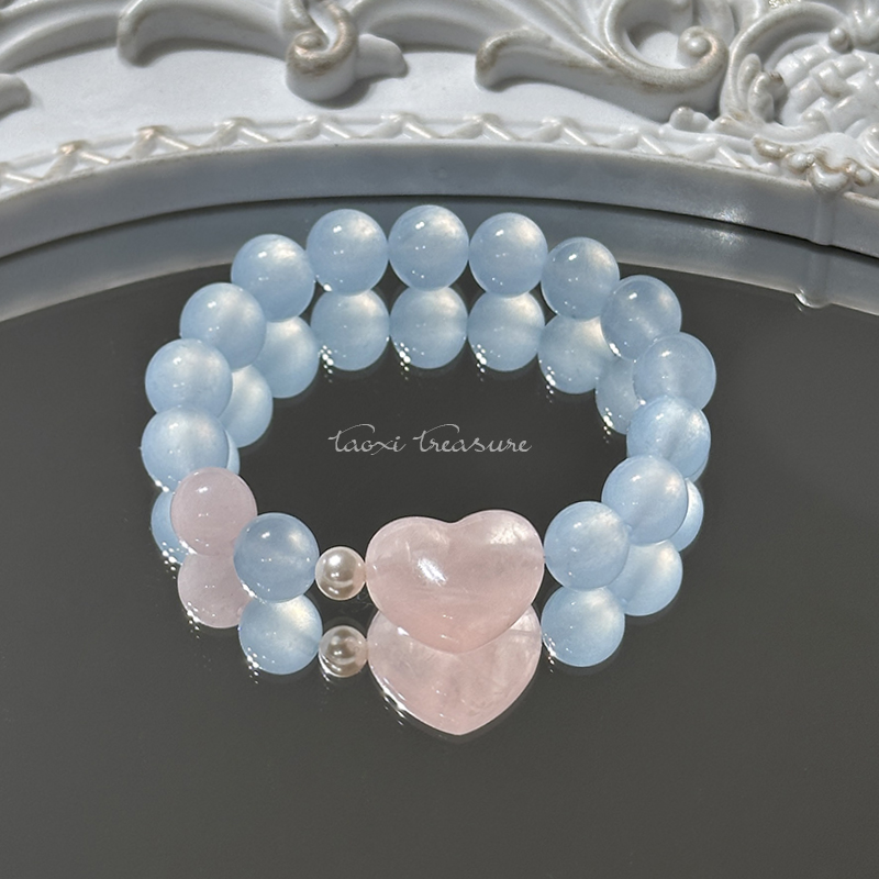 tx1108-[一箭穿心]蓝玉髓温温柔柔施家珠粉水晶大爱心手串