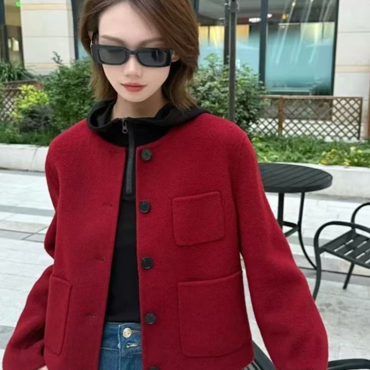 易缔媤新款气质短款百搭毛呢时尚双面尼外套洋气