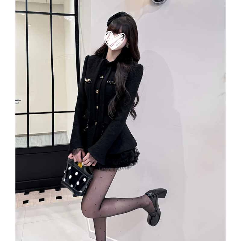 千金玛德琳 INS法式显瘦复古收腰外套松紧腰网纱半裙冬季时尚套装