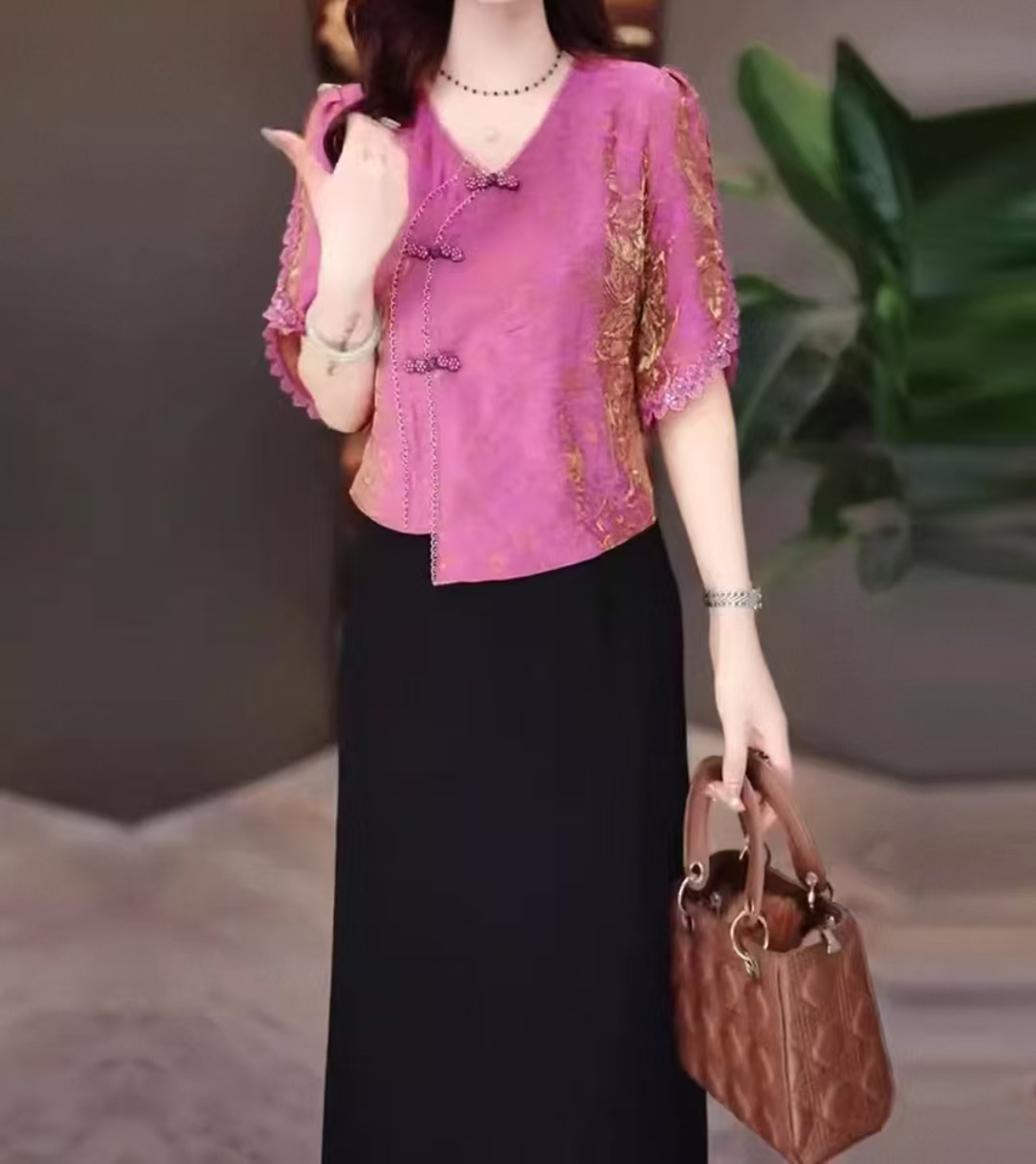 H860 轻奢高级感显瘦连衣裙女2025夏季新款假两件洋气印花雪纺裙