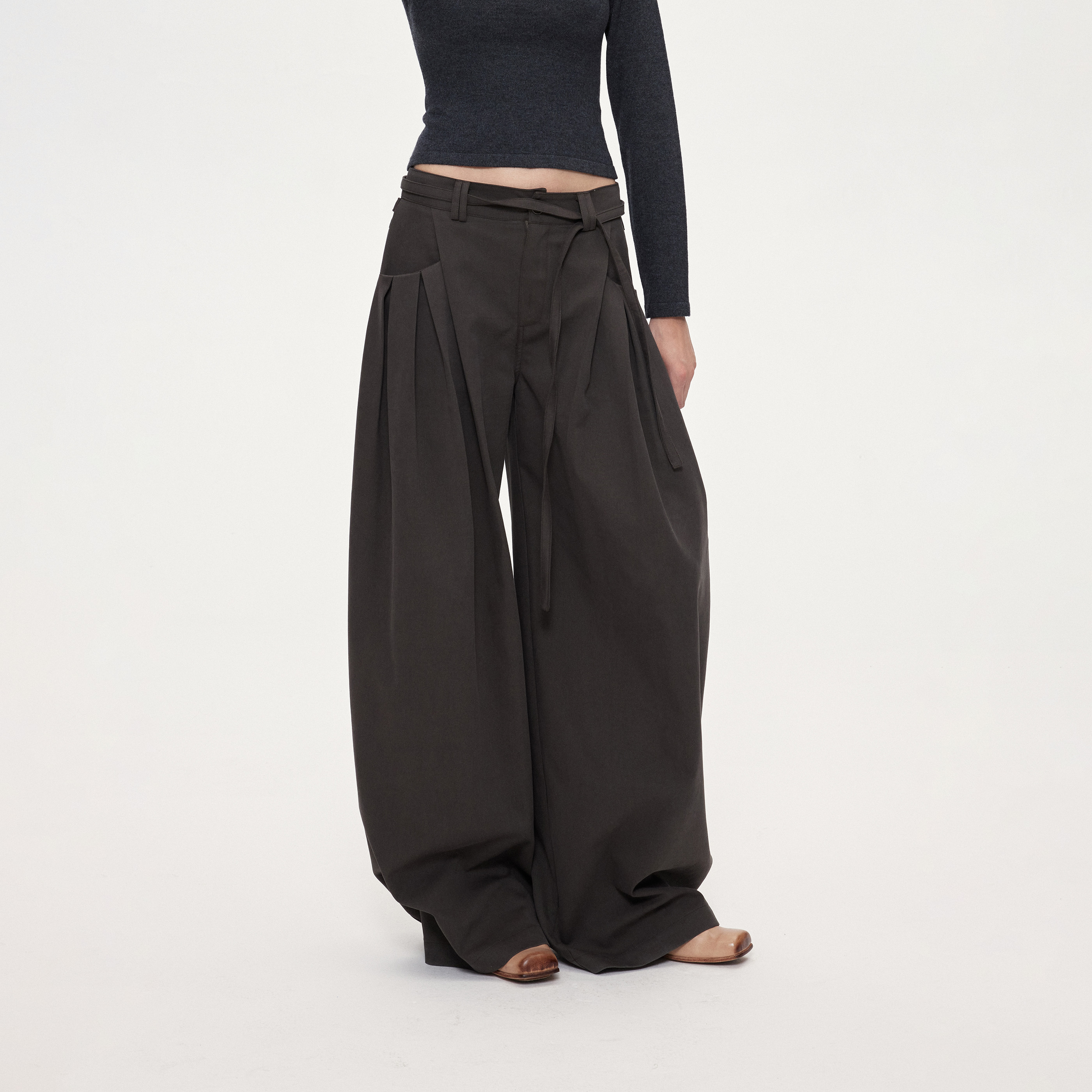 ACOSEY 设计感腰部系绳口袋打褶宽松休闲阔腿直筒长裤K9224