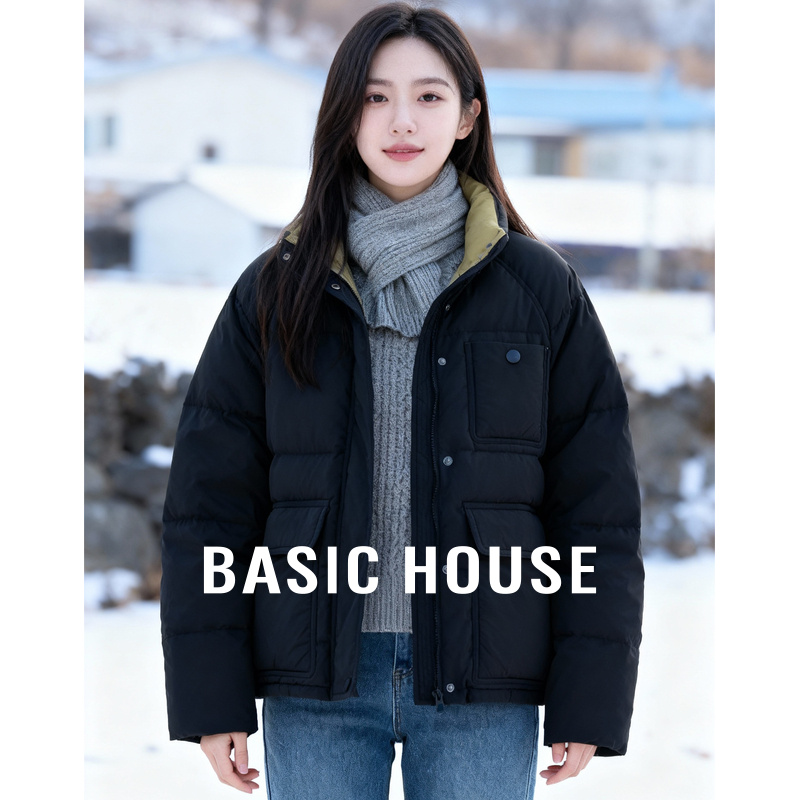 Basic House/百家好韩版撞色立领羽绒服冬季保暖白鸭绒短款外套女