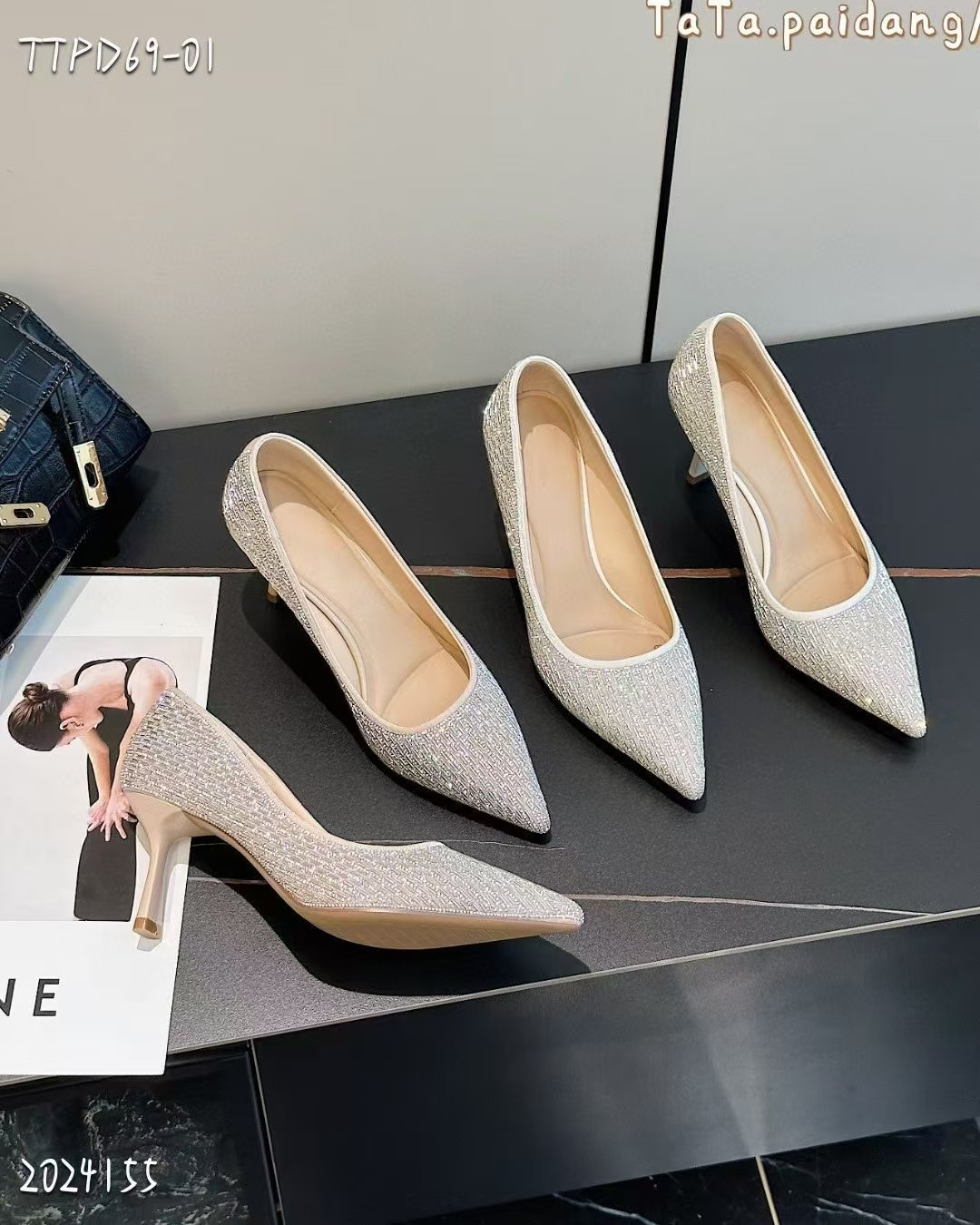 水钻气质高跟鞋女2024新款春仙女风细跟单鞋尖头水钻婚鞋69-01