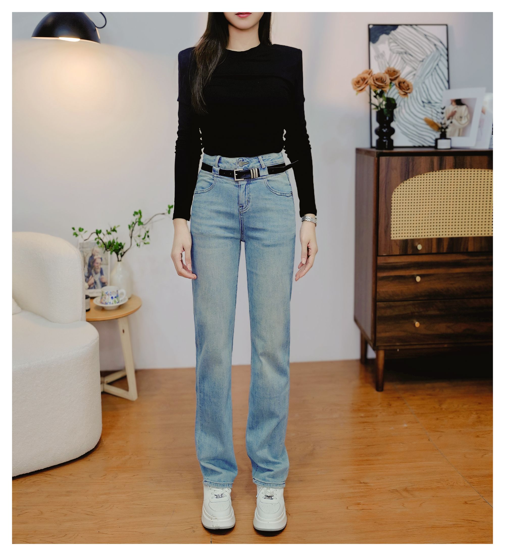 【名媛】高档复古水洗浅蓝色小众女新款高腰显瘦牛仔裤窄版直筒裤