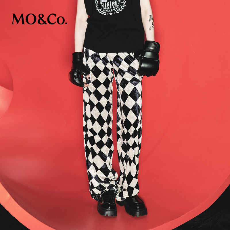 【粉丝专属】MOCO秋季棋盘格丝绒感抽绳高腰及地休闲裤MBC3PAT027