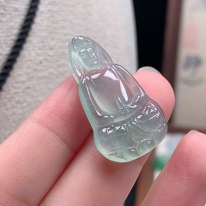 缅甸天然翡翠A货玉老坑冰种晴底素衣观音吊坠饰品32.0*17.4*4.1mm