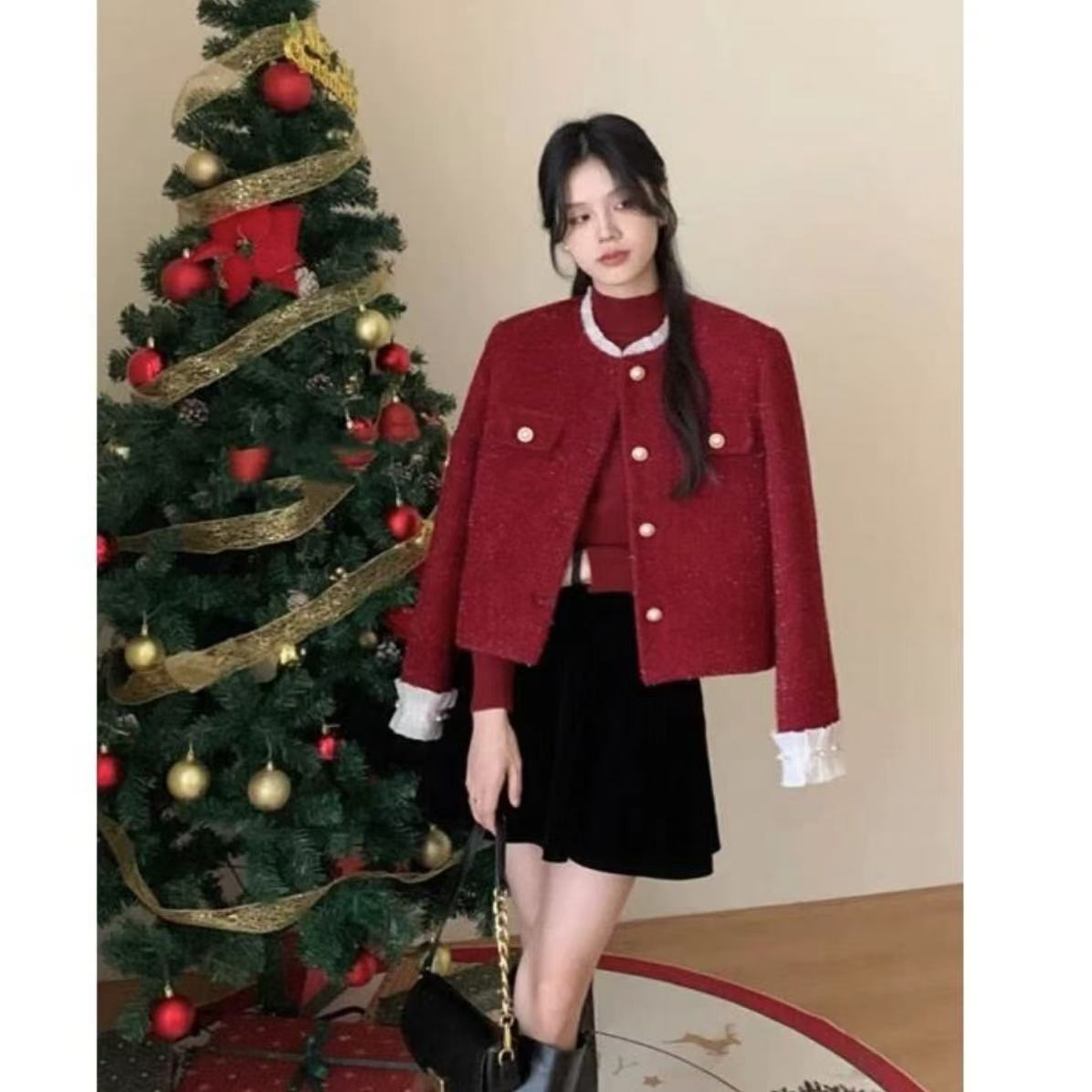 【大涛家宠粉】精致细闪小香风外套女冬款钉珠荷叶袖高级感超好看