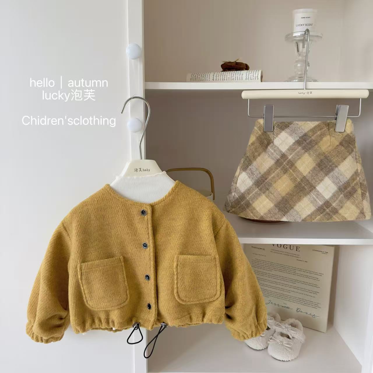 【实体现现】原创！女童时髦加绒毛呢外套韩版秋冬百搭格子裙两件套