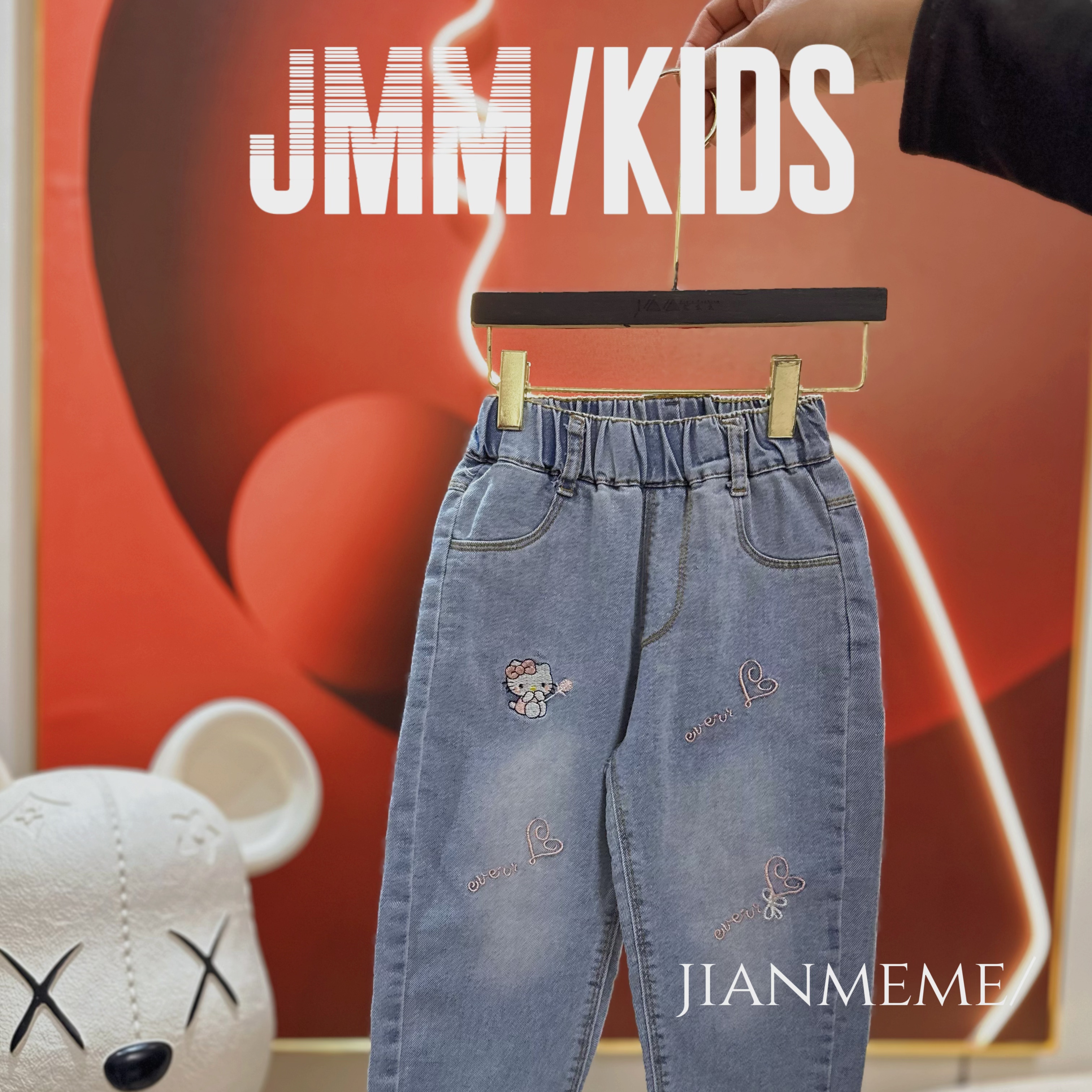hellokitty F175 蝴蝶结猫咪刺绣牛仔裤女童春季新款休闲裤