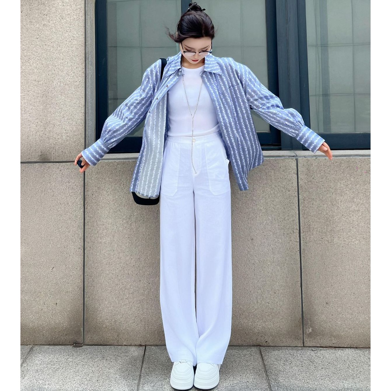 阿家专柜正品高腰宽松阔腿百搭亚麻裤 510052-2036561