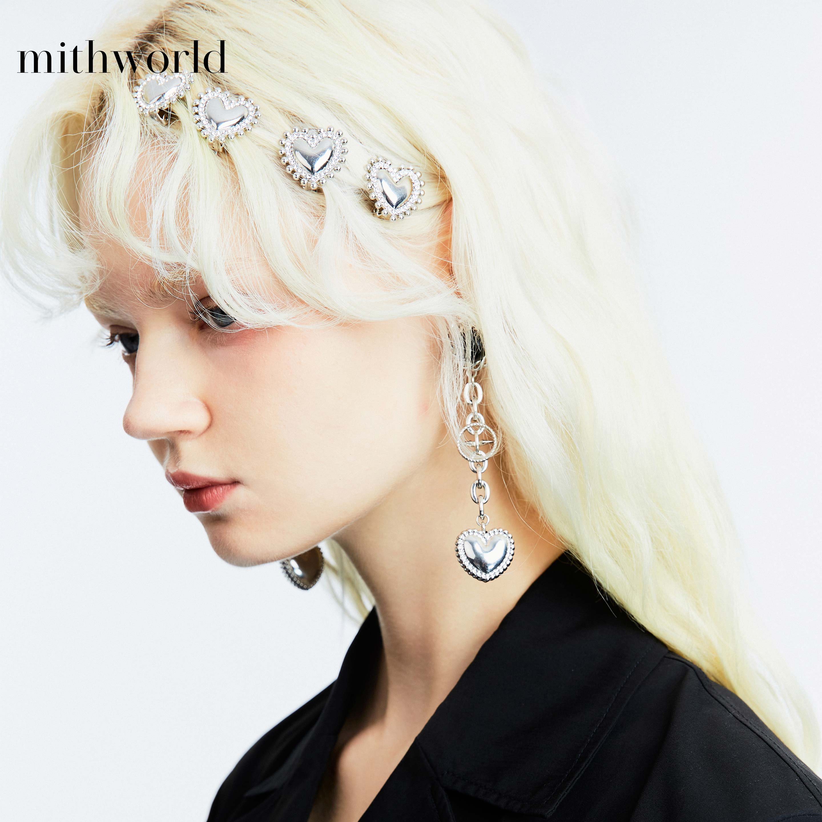 铜合金玻璃耳饰 mithworld/沵媞甜酷心形耳坠耳夹W9DSA1074W9A