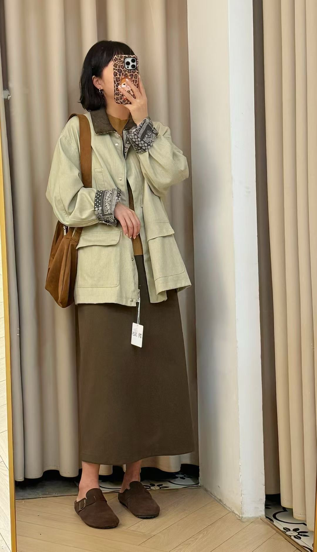 格纹卡其色宽松小个子秋季女中长款日系工装风风衣
