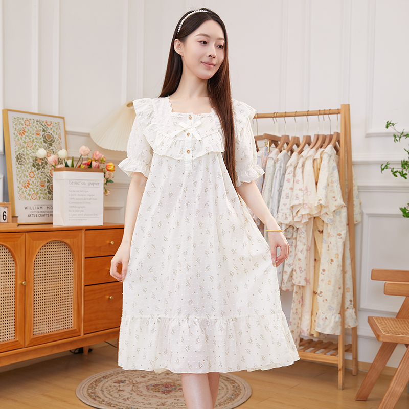 【仲夏夜】春夏田园清新小碎花纯棉短袖设计感长款睡裙    LX680