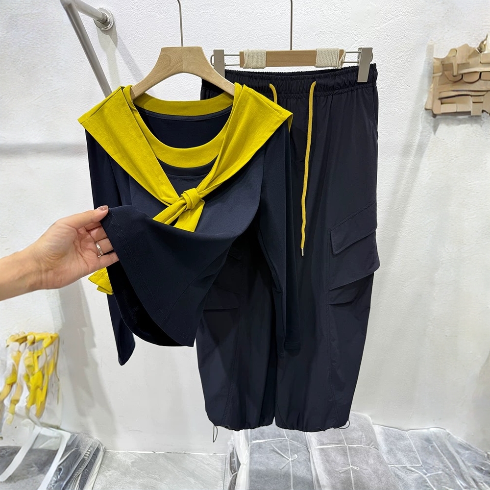 2025早秋新款女时尚气质简约撞色长袖披肩款T恤+工装休闲裤三件套