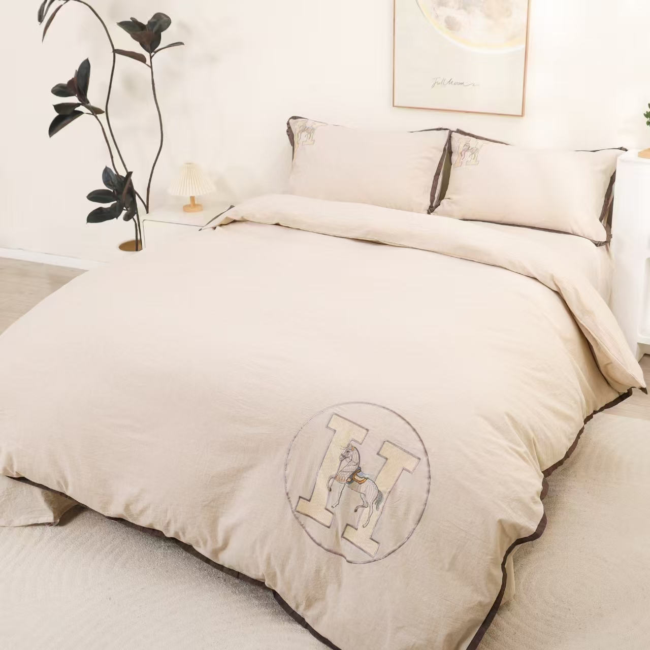 马年新款四件套H马-罗布麻刺绣四件套加厚透气吸湿