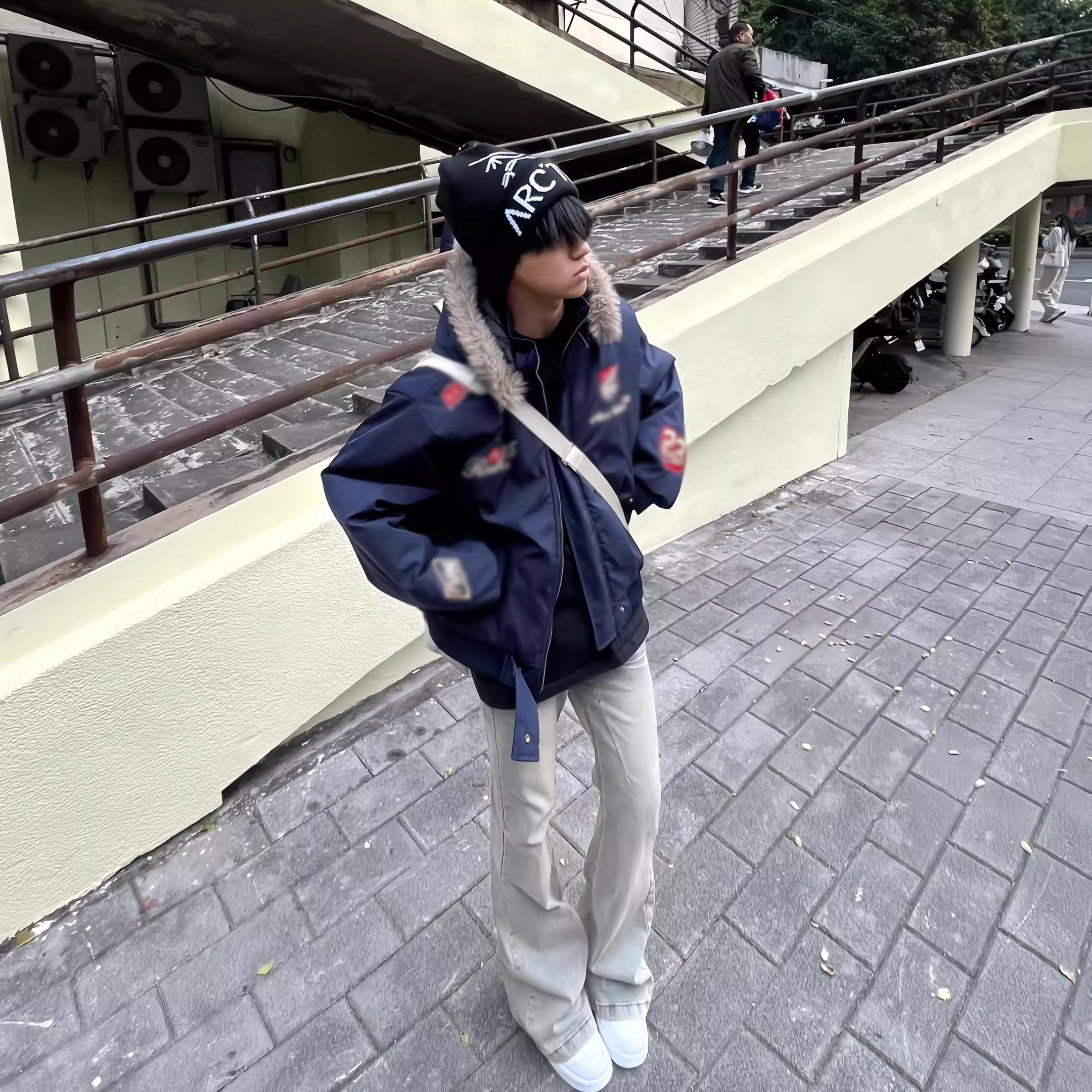 美式复古刺绣徽章座山雕毛领棉衣外套男冬季加厚保暖宽松休闲上衣