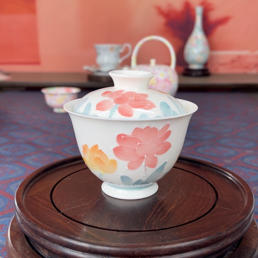 荷韵盖碗釉下手绘高温