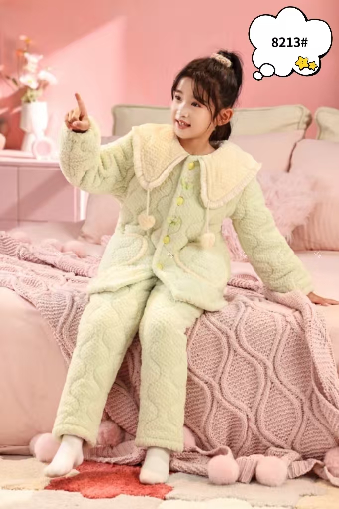 新款冬季儿童女睡衣时尚加厚三层夹棉连帽保暖家居服套装女童