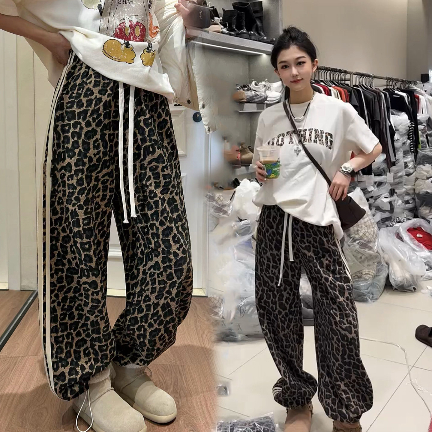 韩国冬季新款豹纹运动裤女加绒加厚三道杠松紧腰休闲直筒束脚卫裤
