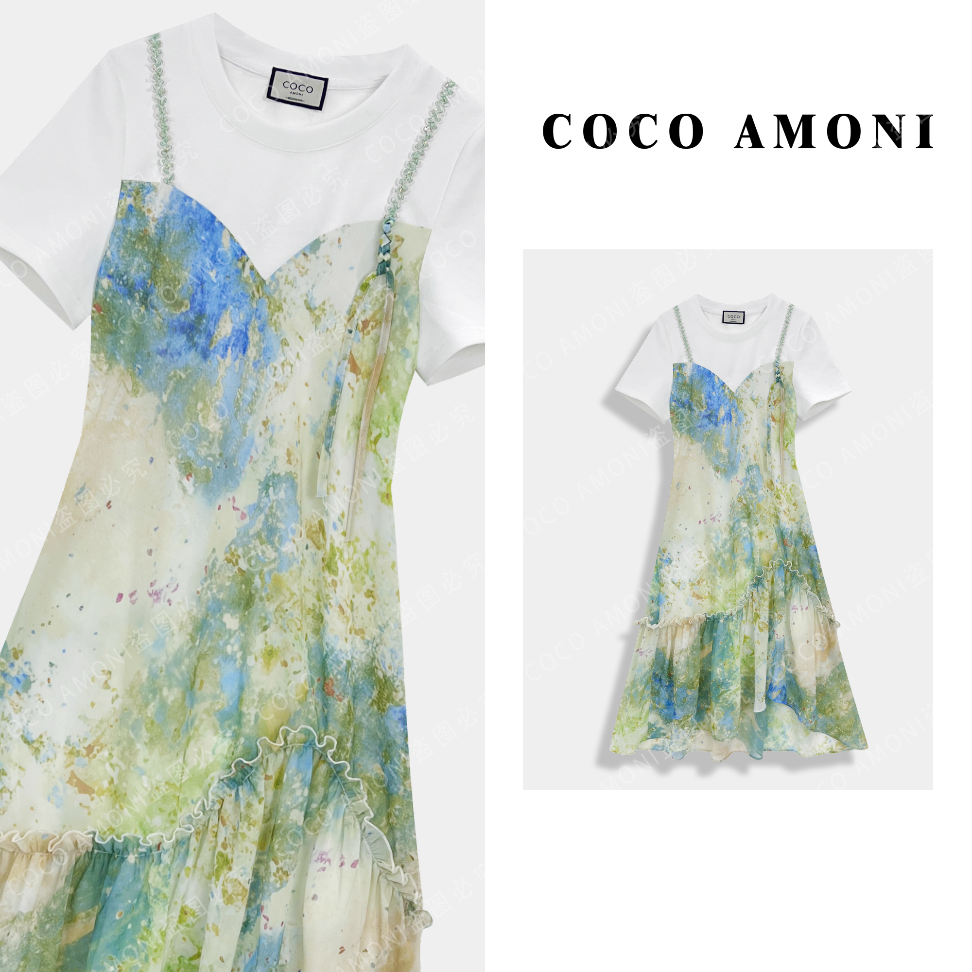 夏日轻奢爆款高级设计女装拼接高级假两件显瘦气质连衣裙ZC383